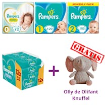 Pampers Startpakket - Pampers maat 0 t/m 2 en Fresh Clean Babydoekjes - Tijdelijk met Gratis Knuffel