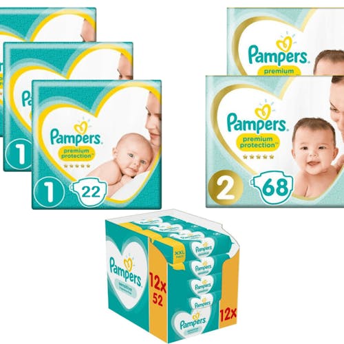 Pampers Premium Protection Startpakket = 69 luiers mt luiers mt 2 + 12x52 stuks Billendoekjes | Onlineluiers.com